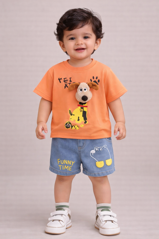 Kids Stylish 3D T-Shirt With Soft Denim Shorts - Orange