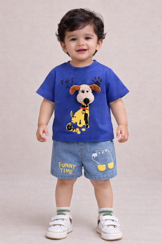Kids Stylish 3D T-Shirt With Soft Denim Shorts - Blue