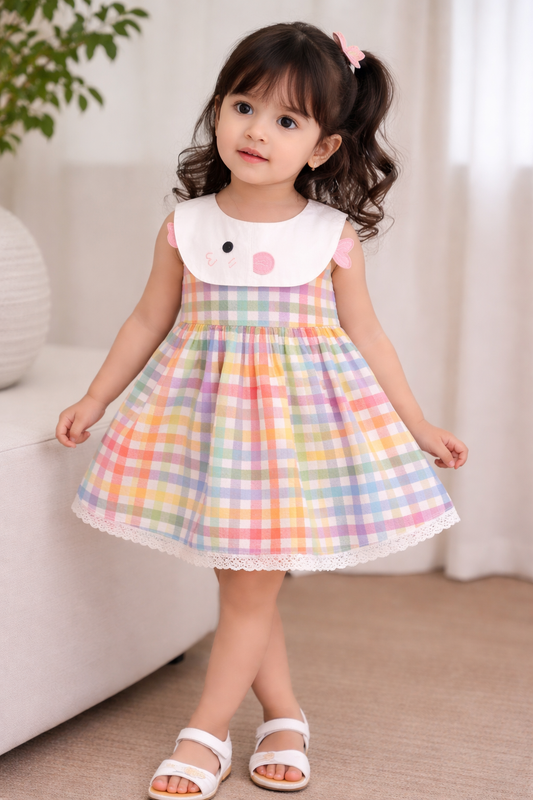Girls Checked Cute Cartoon Dress