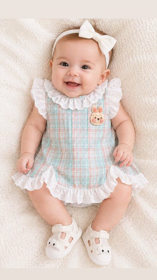 Soft & Breathable - Baby & Toddler - 100% Organic Cotton Plaid Ruffle Dress Set with Lace Collar