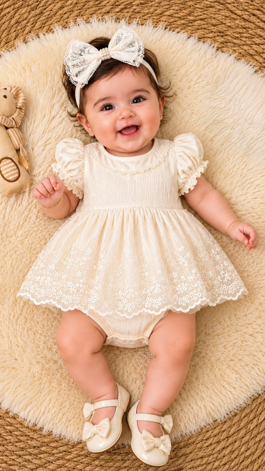 Soft & Breathable - Baby & Toddler - 100% Cotton Puff Sleeves Lace Tulle Princess Romper Dress