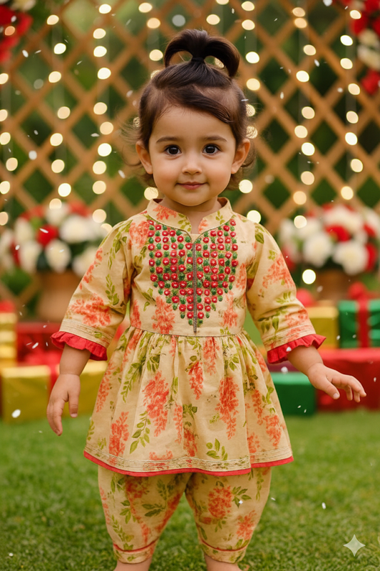 Girls Printed Full Ethnic Co-ord Set with Beautiful Mirror Work