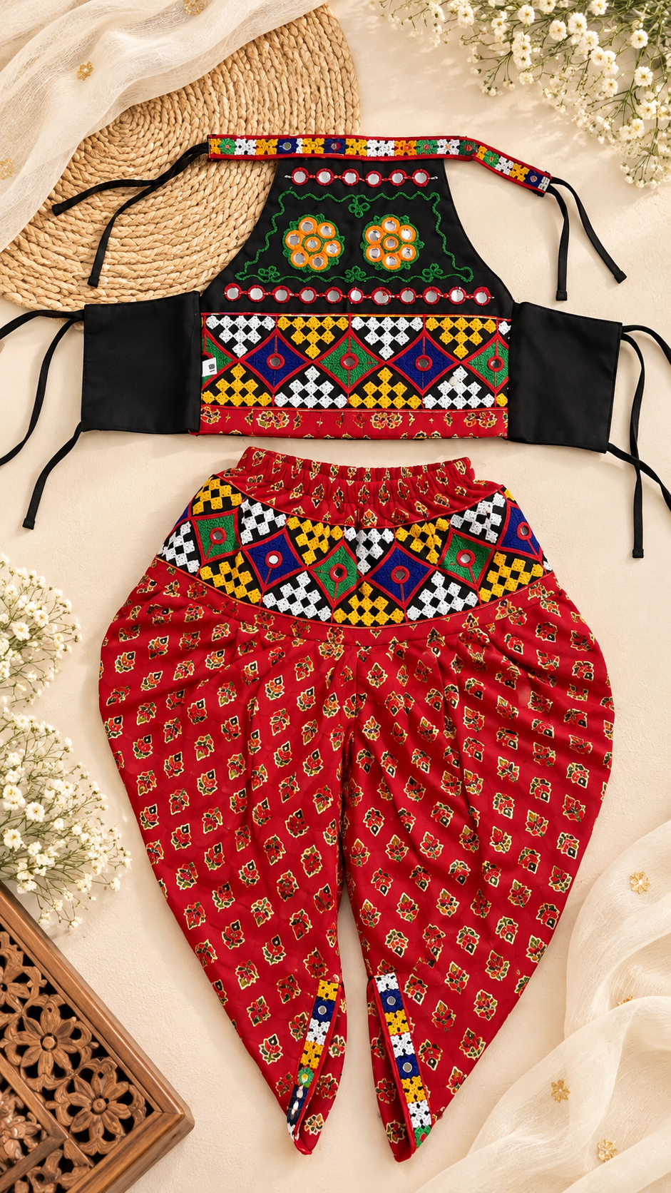 Girls Soft & Comfortable - Navratri Set with Matching Bow, Bangle and Glasses - Red & Black