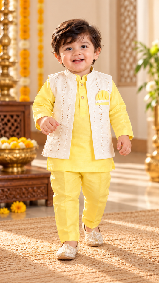 Soft & Breathable - Baby & Toddler - Elegant Ethnic - Embroidered Jacket 3-Piece Soft Pastel Yellow Kurta Set