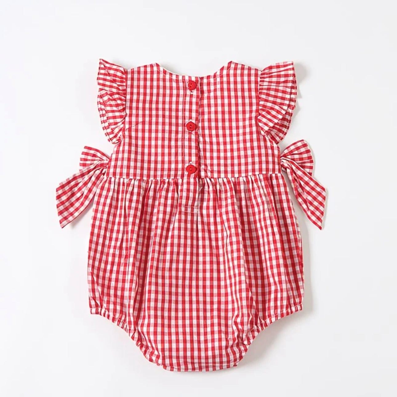 Soft & Breathable - Baby & Toddler -  Elegant Red Gingham Strawberry Embroidered Romper Dress With Matching Hairband