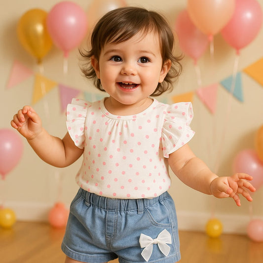 Denim Love - Girls Soft Denim Shorts with Flare Sleeves Top