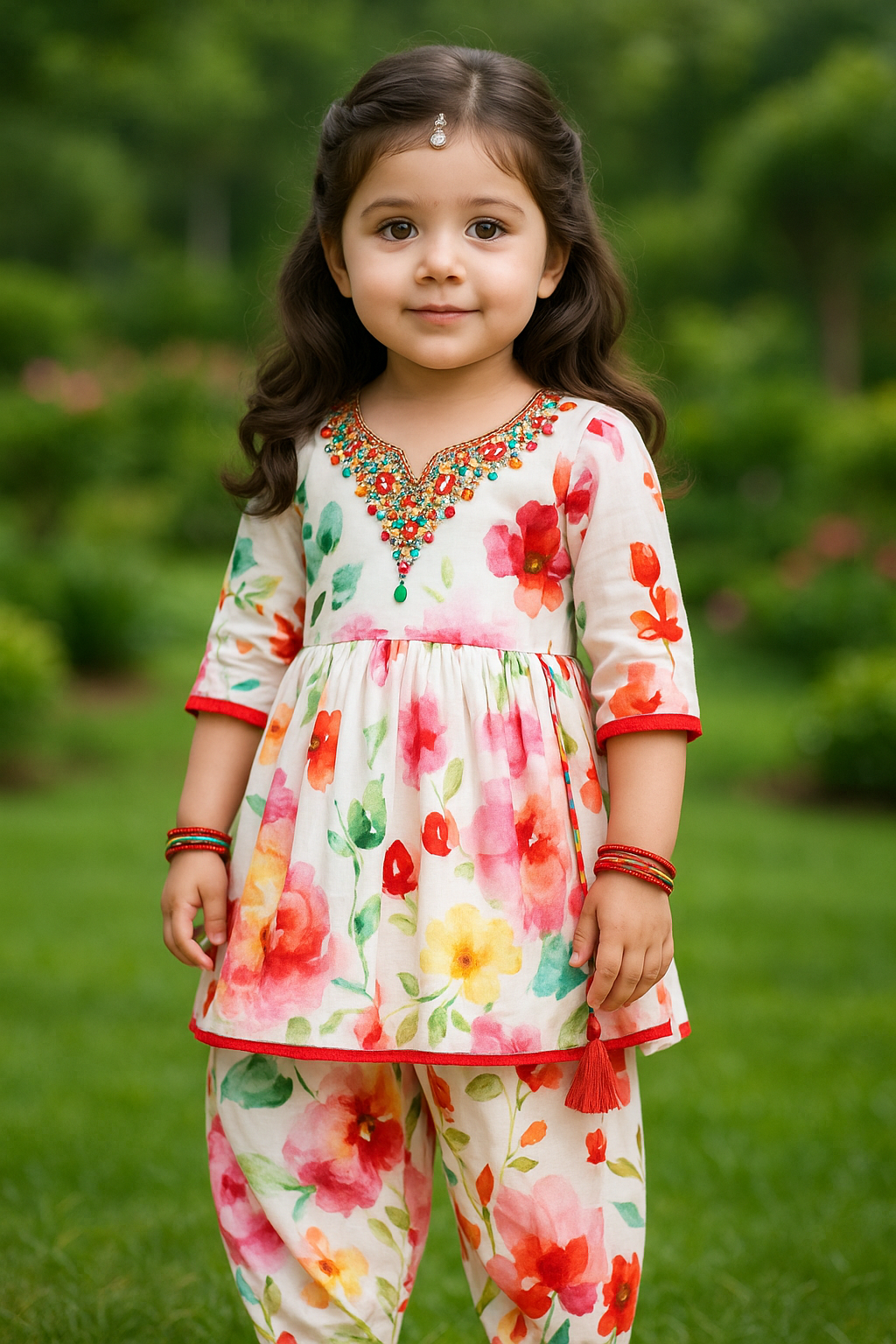 Trendy Girls Printed Full Ethnic Co-ord Set With Beautiful Mirror Work - Elegant