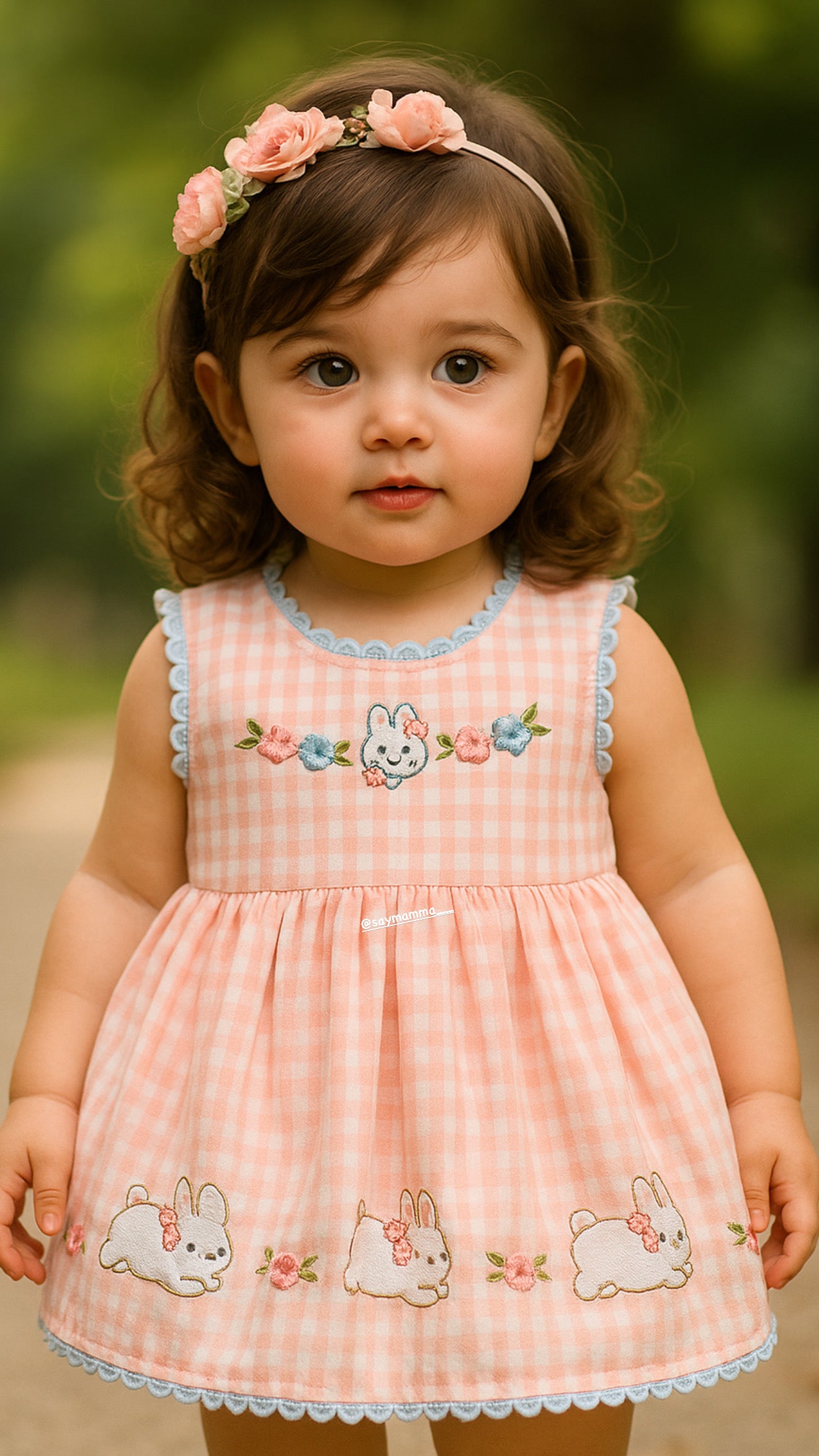 Girls Embroidered Rabbit Checkered Dress