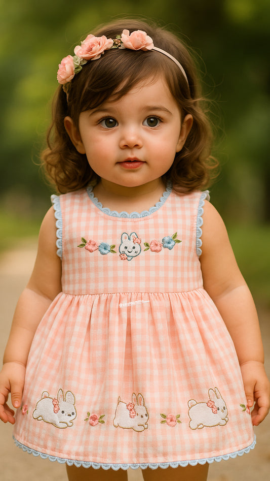 Girls Embroidered Rabbit Checkered Dress