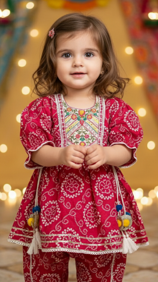 Girls Printed Full Ethnic Co-ord Set - Beautiful Bandhini Pink