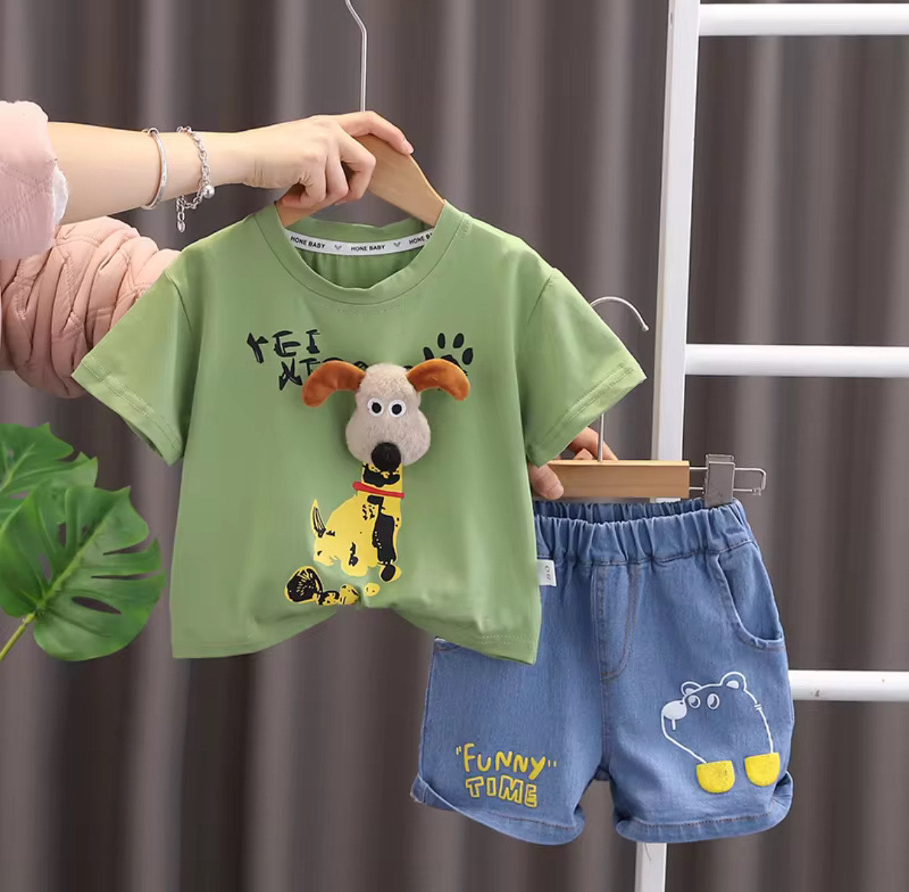 Kids Stylish 3D T-Shirt With Soft Denim Shorts - Green