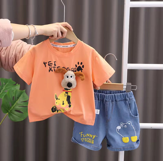 Kids 3D Stylish T-Shirt With Soft Denim Shorts - Orange