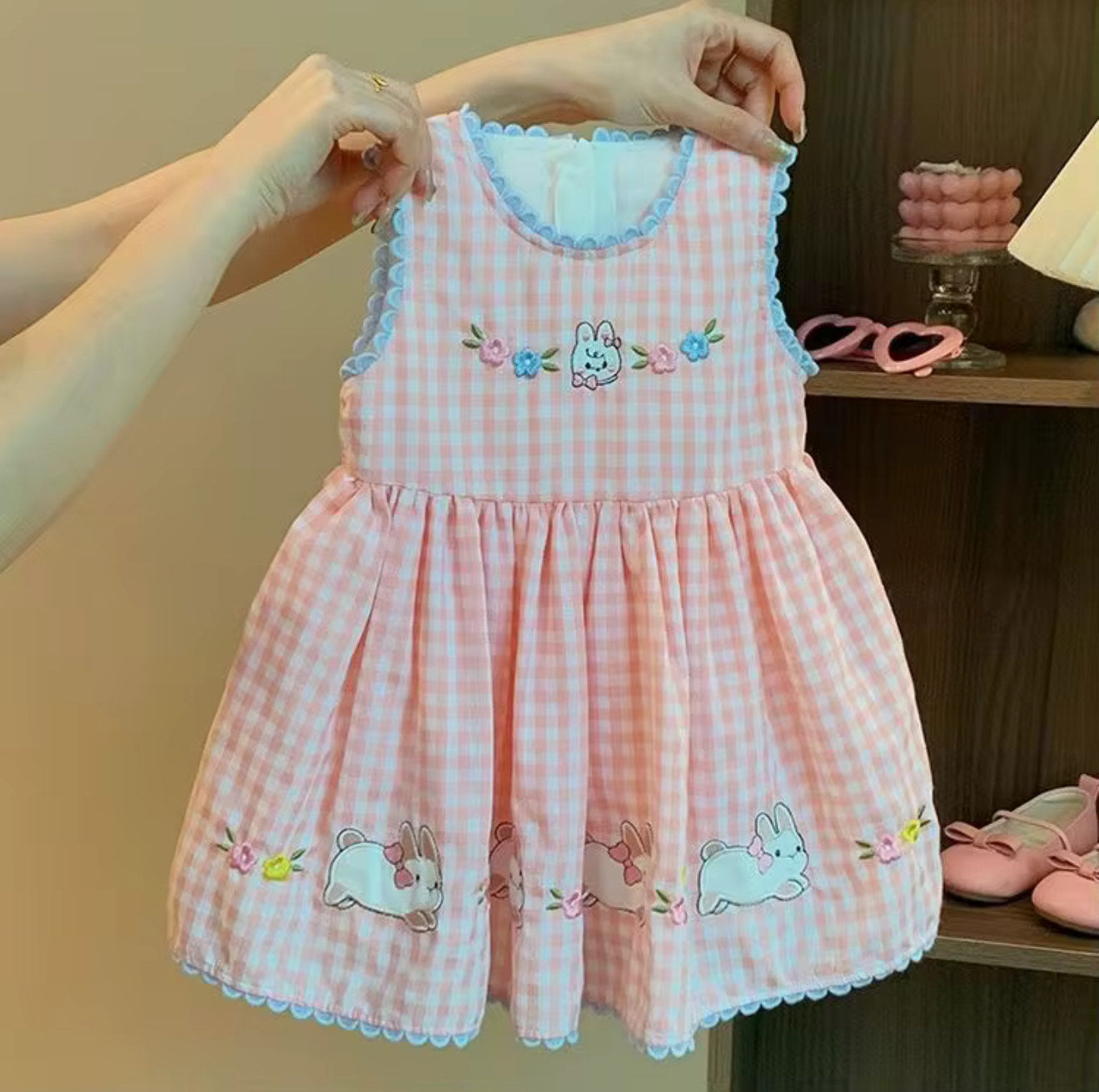Girls Embroidered Rabbit Checkered Dress