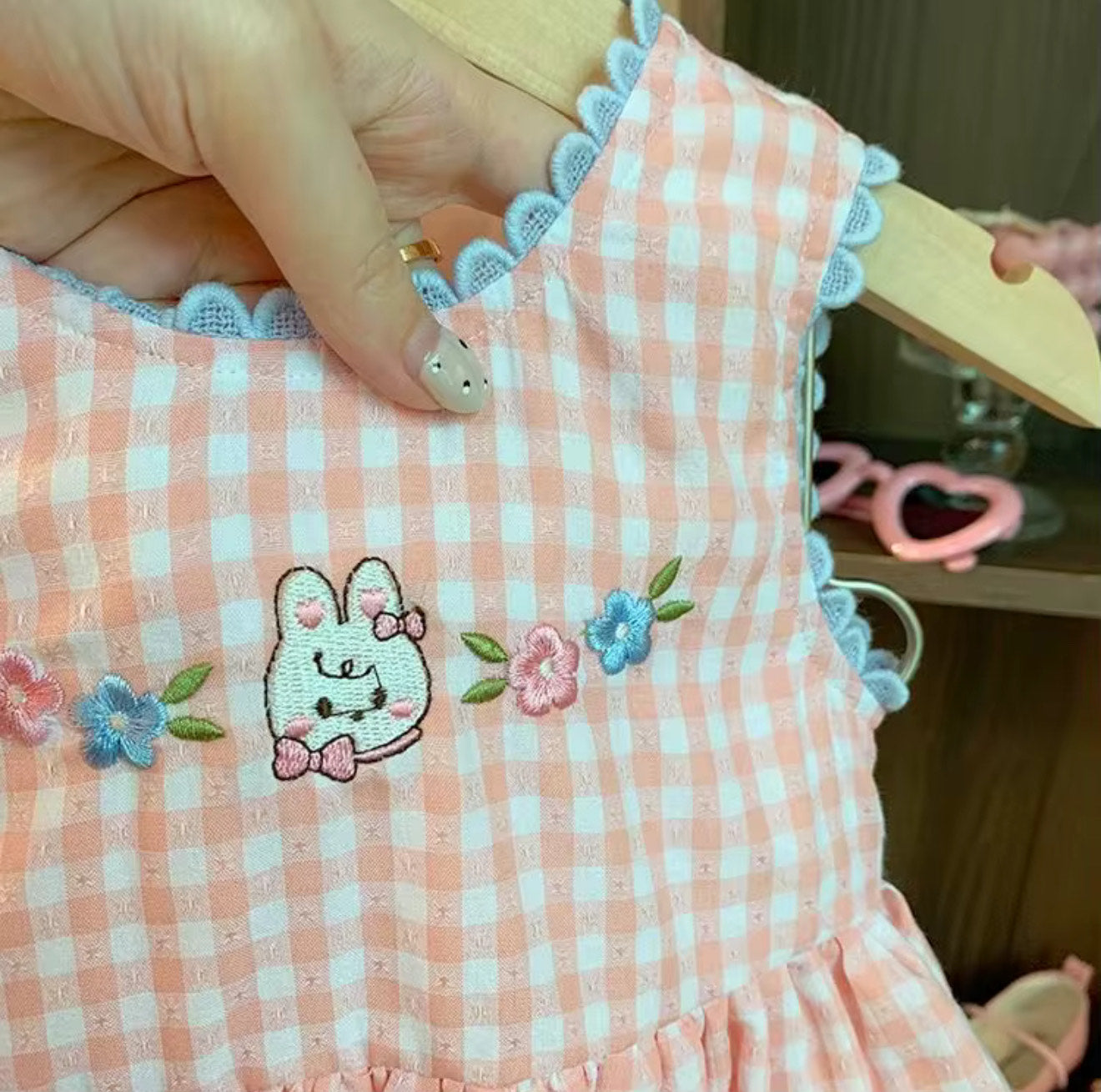 Girls Embroidered Rabbit Checkered Dress