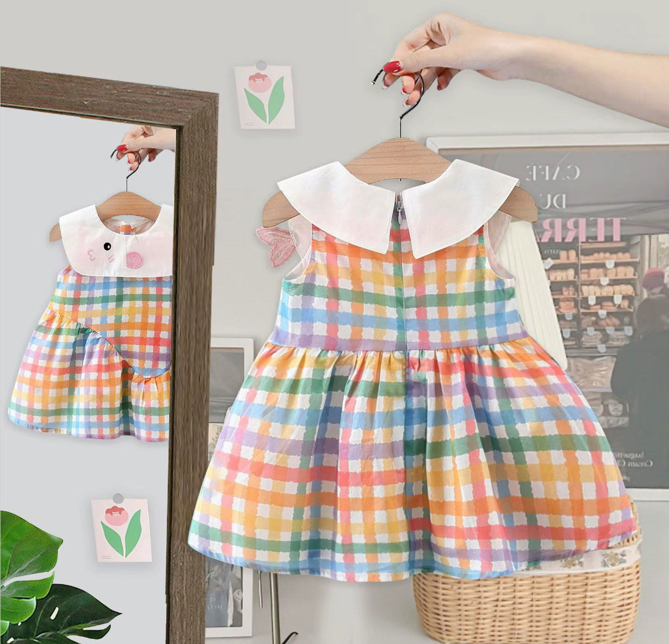 Girls Checked Cute Cartoon Dress
