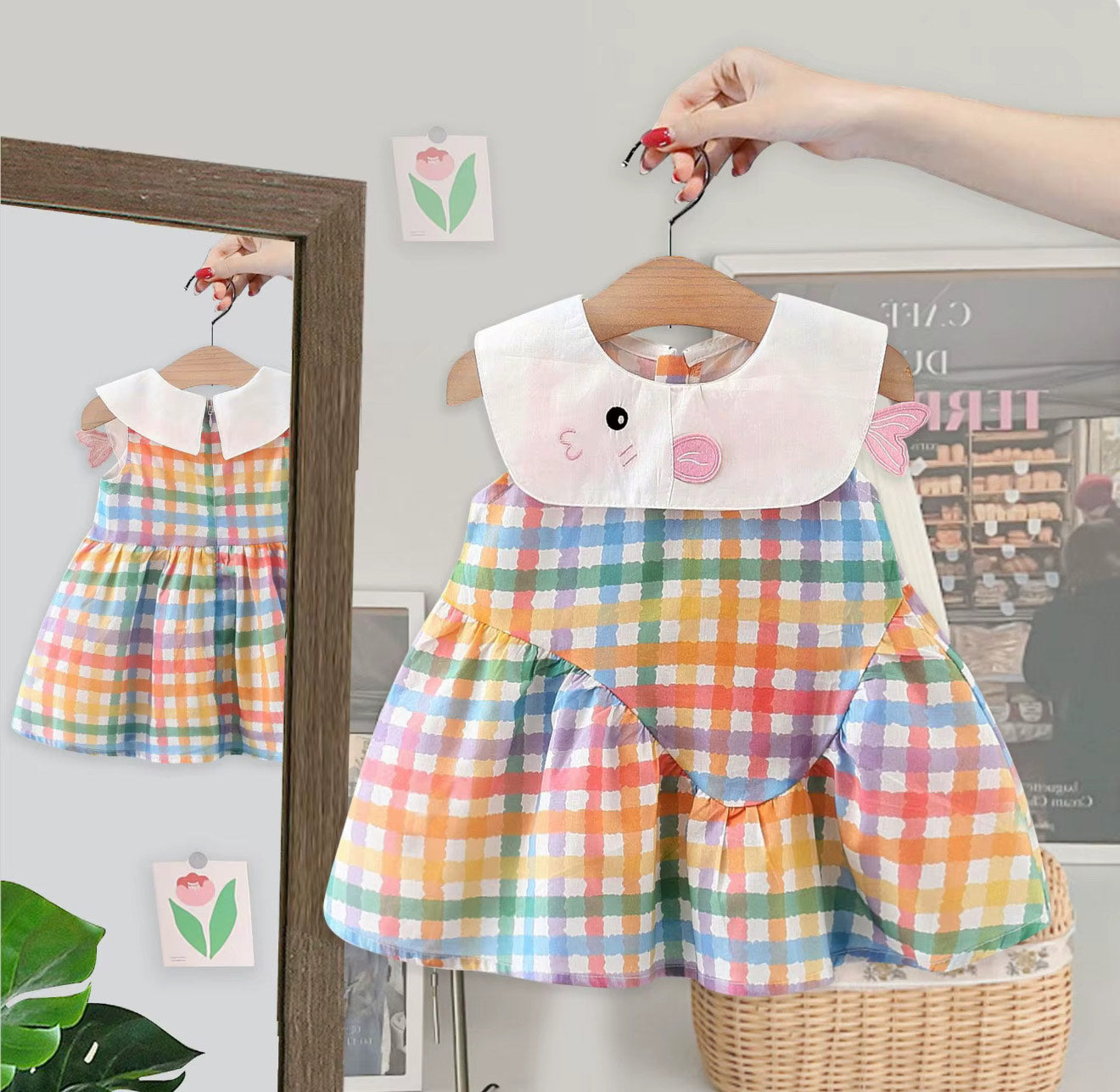 Girls Checked Cute Cartoon Dress