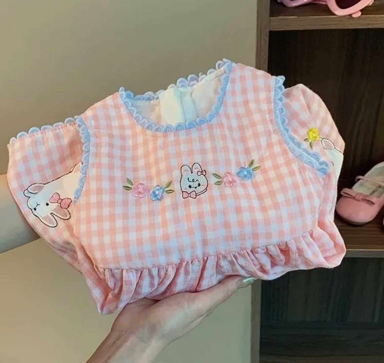 Girls Embroidered Rabbit Checkered Dress