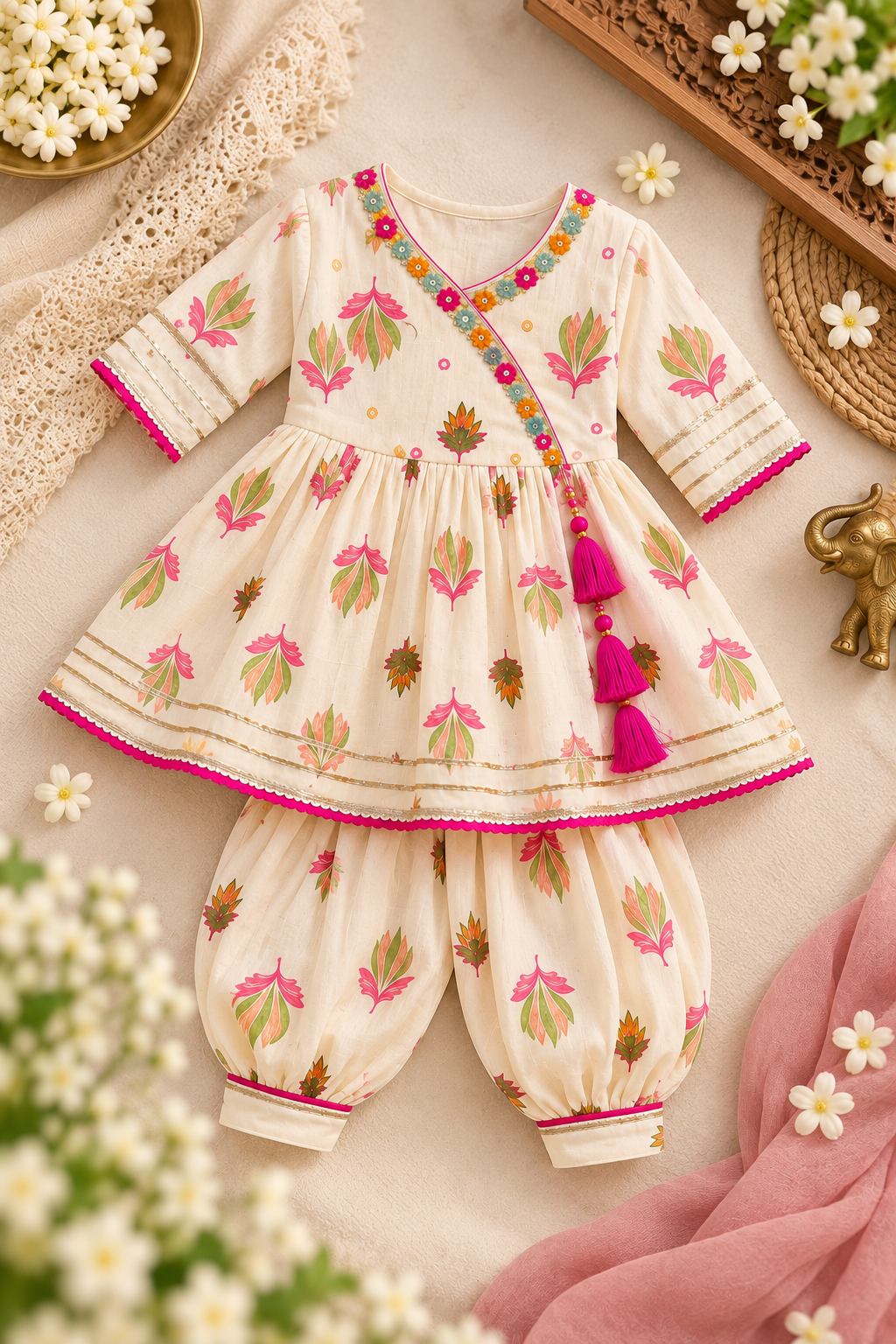 Girls Soft Ethnic - Ivory Bloom Floral Angrakha Kurta & Dhoti Set
